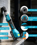 Cordless Ratchet Wrench Set With 60 Ft-Lbs Torque, Beast Power 21V Max, 300 RPM, includes features like LED work light and cooling vents.