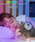 Child asleep with teddy bear under soft RGB light, timer settings visible on app. Get These Super Long 65.6 Foot RGB LED Strip Lights That Sync Perfectly With Your Music Using App Control Or Remote For Amazing Color Changing Vibes In Bedroom Kitchen Living Room Ceiling And Party Decor.