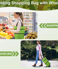 Folding Shopping Bag With Wheels For Travel And Shopping 66lb Capacity in use while shopping and traveling outdoors.