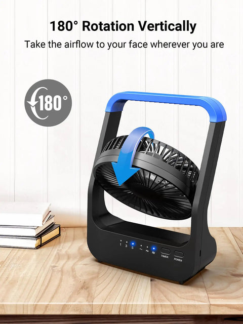 5 Inch Battery Powered Desk Fan for Camping and Travel with D Cell Batteries, showing 180 degree rotation feature on wooden table