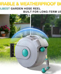Retractable Garden Hose Reel With Lock At Any Length, 100 Ft Hybrid Hose, 180 Degree Swivel, shown in a garden setting