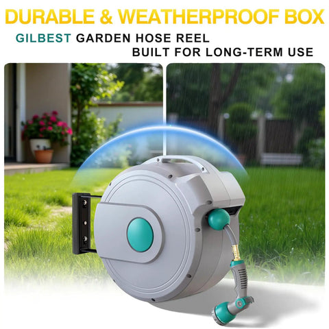 Retractable Garden Hose Reel With Lock At Any Length, 100 Ft Hybrid Hose, 180 Degree Swivel, shown in a garden setting