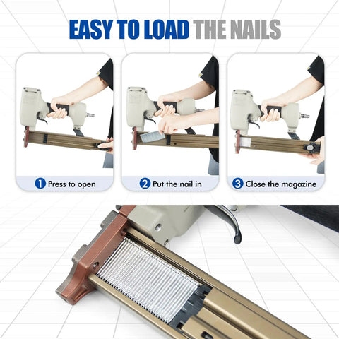 Steps to load nails in 14 Gauge Concrete Nailer Kit With 400 Concrete T Nails 3/4 to 1-1/2 Inch For Baseboards Pallets And More