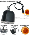Ebike Front Light With 3 Pin Male Waterproof Connector For 24V 36V Ebikes And E Scooters, shows M8 connector, steel bracket, dual LEDs.
