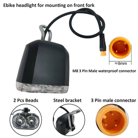 Ebike Front Light With 3 Pin Male Waterproof Connector For 24V 36V Ebikes And E Scooters, shows M8 connector, steel bracket, dual LEDs.