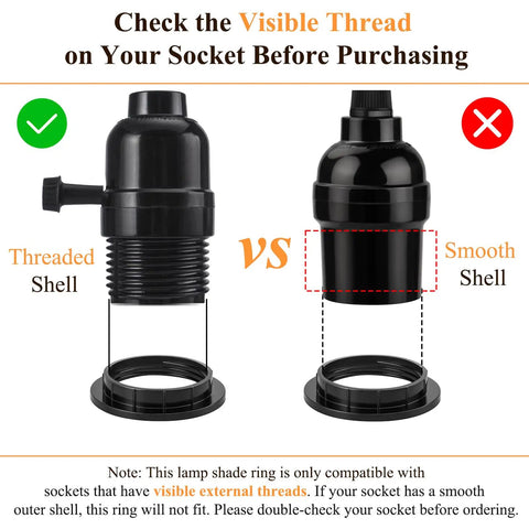 Comparison of threaded vs smooth socket for Black E26 Lamp Shade Collar Rings Set Threaded Reducer 1-3/8 And 1-1/2 Inches