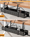 Under Desk Cable Management Tray extendable from 25.2 to 38.6 inches, no drill clamp-on wire organizer, shown inward and outward installation