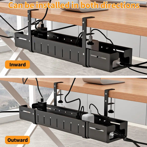 Under Desk Cable Management Tray extendable from 25.2 to 38.6 inches, no drill clamp-on wire organizer, shown inward and outward installation