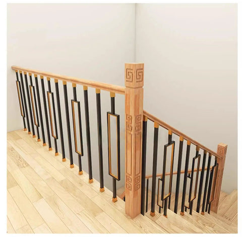 Top Shelf Square Metal Balusters And Staircase Spindles For Deck Railings 37 Inch High against wooden staircase with black and gold accents.
