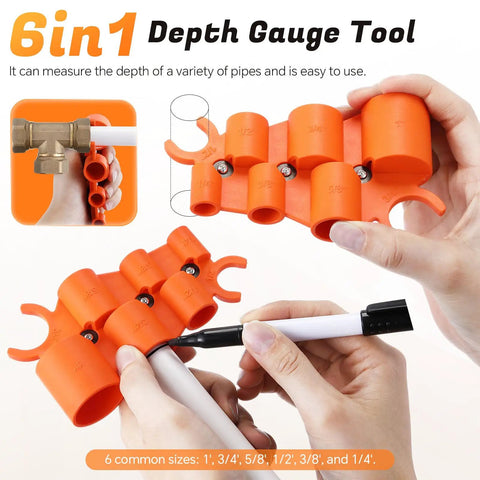 Four Piece Plumbing Tools Kit With Pipe Depth Gauge And Copper Deburring Reamer With HSS Blades Push Fit Disconnect Clip Multi Purpose Tool Set For Copper PVC PEX CPVC Pipes Ideal For Home DIY And Pro Handyman Use depth gauge in use.
