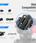 Beefy Heavy Duty Aluminum Video Tripod With 360 Degree Fluid Drag Head showcasing wide compatibility and screw types for cameras
