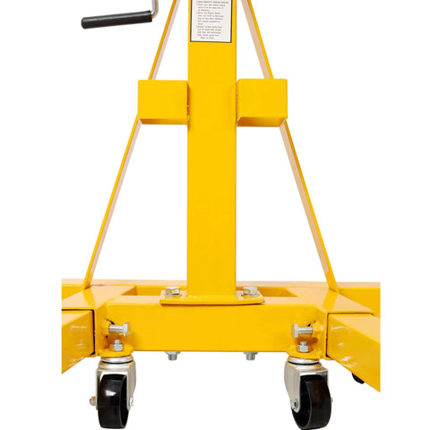 Tough As Nails 1500 LB Engine Hoist Stand Featuring Geared 360 Degree Swivel Head And Smooth Six Wheel Mobility Base front view with wheels and frame.