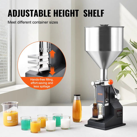 Easy Pull Down Manual Liquid Filler With 10 Liter Hopper And Adjustable 5 To 50 Ml Settings For Smooth Bottling Of Juice Shampoo Honey And Hobby Crafts Built Tough And Reliable with adjustable shelf and multiple containers.