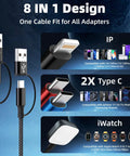 8 in 1 cable design with USB-A, Type C, Lightning for iPhone, iWatch charger. 4 In 2 Dual USB C Charging Cable Fast Charge.
