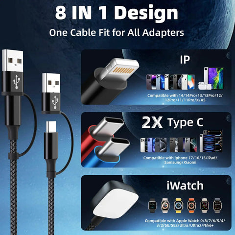 8 in 1 cable design with USB-A, Type C, Lightning for iPhone, iWatch charger. 4 In 2 Dual USB C Charging Cable Fast Charge.