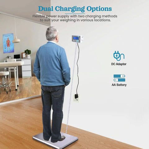 Man standing on Beefy And Sturdy Extra Wide Medical Digital Body Weight Scale 440 Lb Capacity With Large 15 By 12 Inch Platform Ultra Clear LCD Readout Heavy Duty Portable Bathroom Scale For Home Clinic Gym And Bariatric Use, with dual charging options visible.