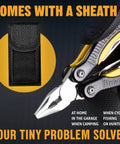 Amazon mini 12-in-1 pocket multitool with knife and pliers, black and silver, shown with sheath, front view