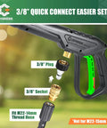Close-up of a 3600 PSI Pressure Washer Gun Kit showing 3/8 inch quick connect plug and socket, compatible with M22-14mm thread hose.