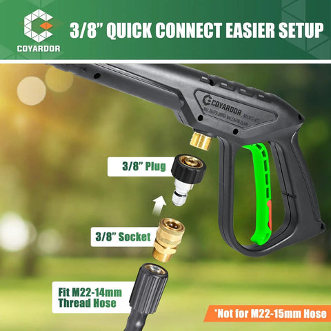 Close-up of a 3600 PSI Pressure Washer Gun Kit showing 3/8 inch quick connect plug and socket, compatible with M22-14mm thread hose.