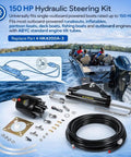 Beefed-Up 150HP Hydraulic Outboard Steering Kit for Single-Engine Boats with components displayed against boat background