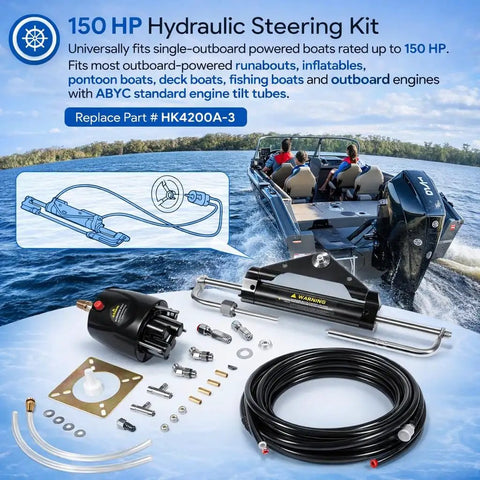 Beefed-Up 150HP Hydraulic Outboard Steering Kit for Single-Engine Boats with components displayed against boat background