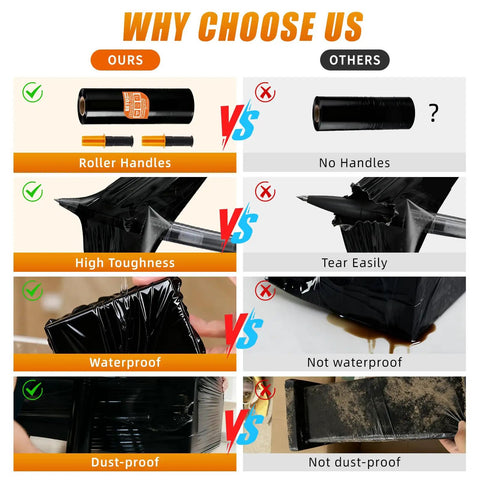 Comparison of Heavy Duty Black Stretch Film And Shrink Wrap Rolls For Moving Supplies showing features like roller handles, toughness, waterproof, and dust-proof.