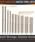 25-piece 6542 HSS Micro Drill Bits ranging from 0.6mm to 2.5mm displayed in ascending order with sharp tips visible.