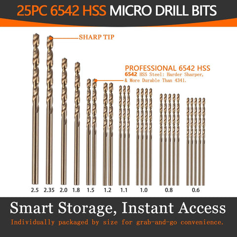 25-piece 6542 HSS Micro Drill Bits ranging from 0.6mm to 2.5mm displayed in ascending order with sharp tips visible.
