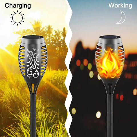 Solar Torch Lights With Flickering Flame 16 Pack 12 LED Outdoor Landscape Lighting Tiki Torches in charging and working mode
