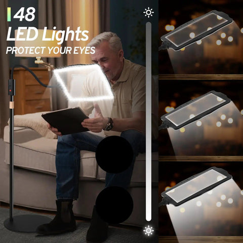 Man using Hands Free Floor Magnifier With Light And Stand For Reading And Close Work 9x6 Inch Clear View 48 LED Lights