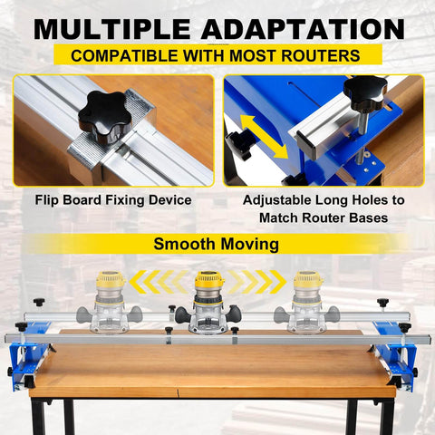Router Sled for Woodworking, 48 Inch Slab Flattening Jig With XYZ Axis Adjustable Guide and Knob, Trimming Planing Machine for Live Edge Slabs, Boss Grade Home Improvement Tool, shown with dual L-carriages and adjustable router base plates.