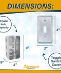 Dimensions of Combo Pack 4x2 Inch Utility Electrical Box And Toggle Switch Cover In Galvanized Steel, 13 Cu In Capacity shown.