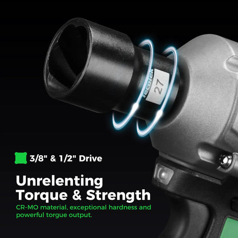 Close-up of heavy duty impact bolt and nut extractor kit 25 pcs with 3/8 inch and 1/2 inch drive remover socket in use