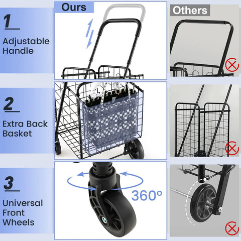 Foldable Grocery Hauling Cart With Dual Basket And 360 Degree Wheels featuring adjustable handle and extra back basket.