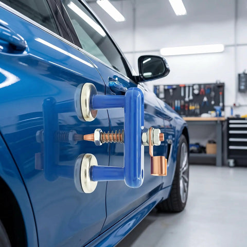 Heavy Duty Super Magnetic Welding Support Clip With Strong Suction Adjustable Magnet Clamp For Copper Tail Ground Connectors And Pro Welders Using Durable Gear on blue car door.