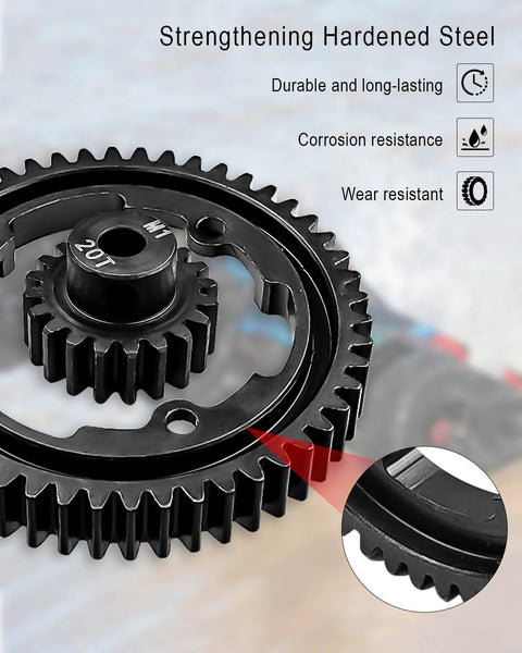 Front view: two gears, 50T spur gear and 20T pinion, hardened steel RC gear for Traxxas cars