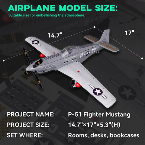 P-51 Mustang Fighter Plane Model Kit With Display Stand One Twenty Six Scale 258 Piece Build Set For Adults And Collectors Ultra Detailed, shown on display with dimensions.