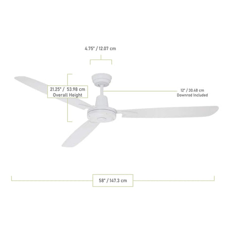 58 Inch Velocity Indoor Ceiling Fan With Heavy Duty 4 Speed Motor, White Finish, Includes 3 White ABS Blades, 12 Foot Downrod, 4 Speed Wall Control, Non-Reversible, Lifetime Warranty with dimensions