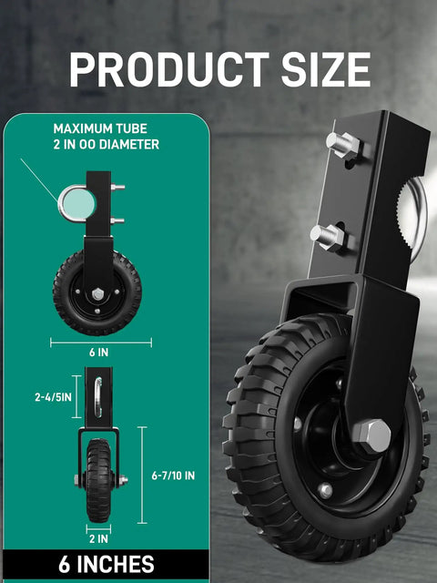Side view of 6 Inch Gate Wheel Heavy Duty Caster For Metal Gate Tubes 330 Lb Capacity with rubber tire and steel plate
