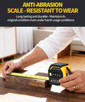 No Sweat 4 In 1 Laser Tape Measure With 328 Ft Rangefinder and Cross Line Beam measuring wooden block on table