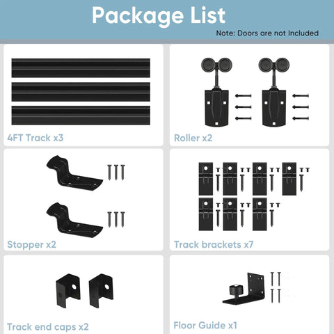 Package contents of Beefed Up Heavy Duty Exterior Barn Door Hardware Kit For Outdoor Use 12 Foot Box Rail Sliding Track System For One Door
