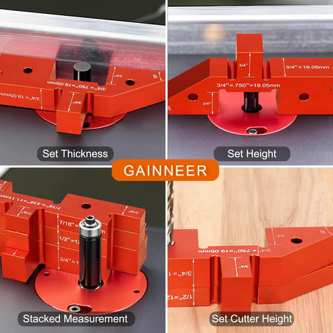 Pro Grade 8 Piece Router Setup Kit with aluminum positioning bars in use for precision height and depth adjustments.