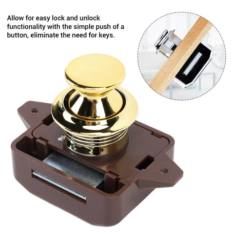 Keyless Cabinet Push Button Lock Latch For Motorhome Caravan And Yacht Stylish Golden Base Brown Finish Easy Press Operation