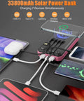 Outdoor Power Bank 33800mAh with Solar Charging and Super Bright LED Flashlight Portable Charger with Built In Cables