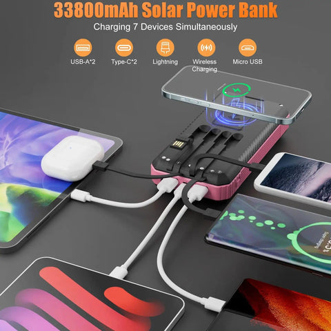 Outdoor Power Bank 33800mAh with Solar Charging and Super Bright LED Flashlight Portable Charger with Built In Cables