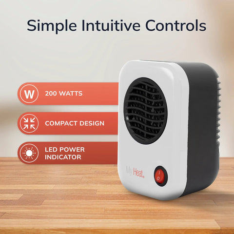 MyHeat Personal Space Heater Under Desk, Compact White, 200 Watt Office Foot Warmer with simple intuitive controls