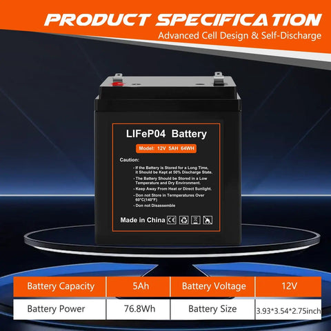 12V 5Ah LiFePO4 Rechargeable Backup Battery With BMS For Garage Door Openers, Over 2,000 Cycles, Replacement Battery shown