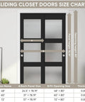 Sliding Closet Door 48 Inch Wide Two Panels Each 24.5 Inch Wide, 3 Lite Frosted Glass Bypass, black frame, size chart