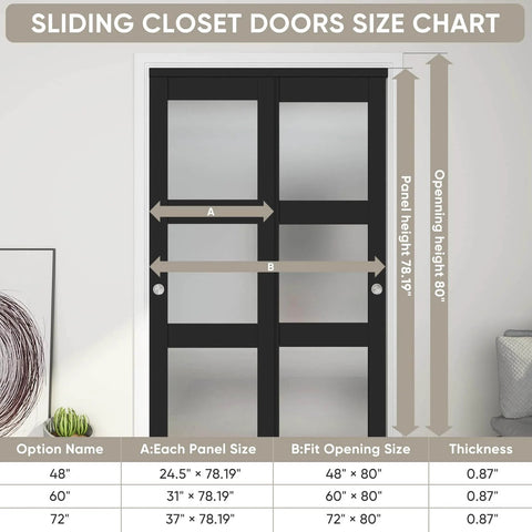 Sliding Closet Door 48 Inch Wide Two Panels Each 24.5 Inch Wide, 3 Lite Frosted Glass Bypass, black frame, size chart