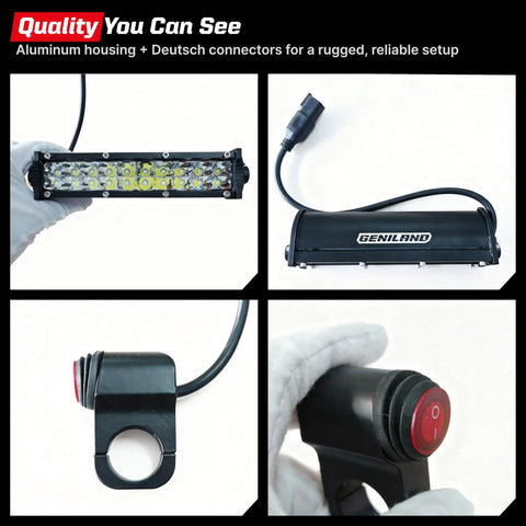 Close-up of Dirt Bike Light Bar Kit Plug And Play Seven Eighths Inch Handlebar Battery Powered Headlight components.